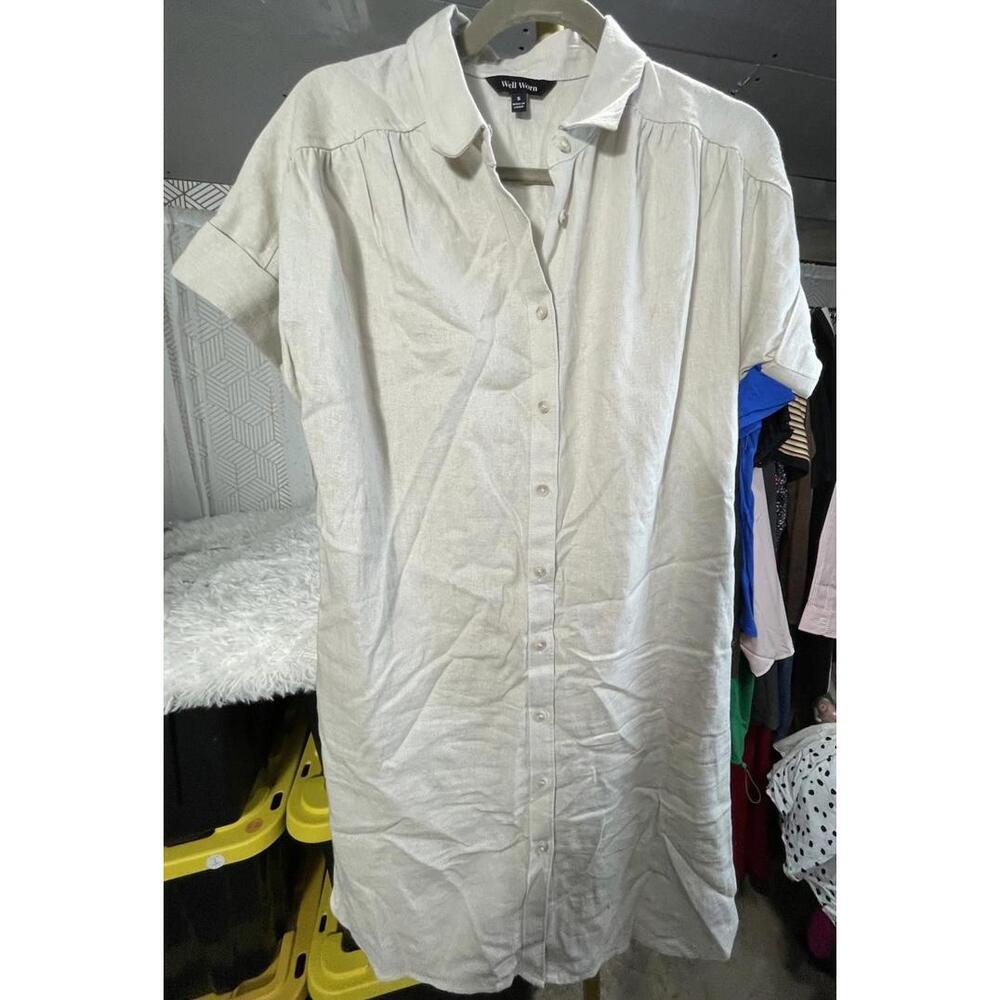 Well Worn Button-Up Dress Women’s Beige Linen Blend Short Sleeve Collared Sz S